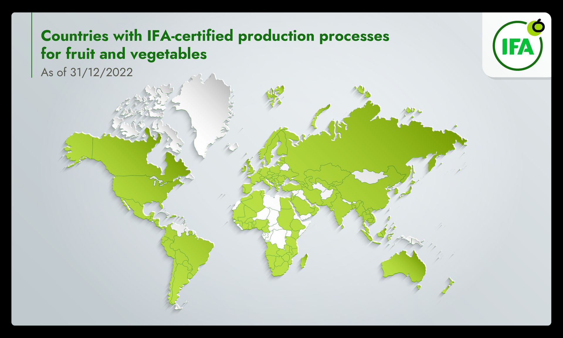 Infographic of a world map identifying countries with Integrated Farm Assurance certified production processes for fruit and vegetables