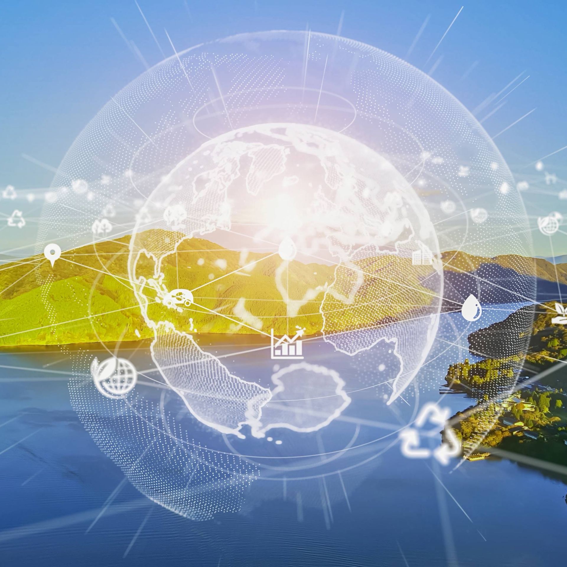 Image of a body of water with digital overlay of environmental technology concept and connected supply chains 