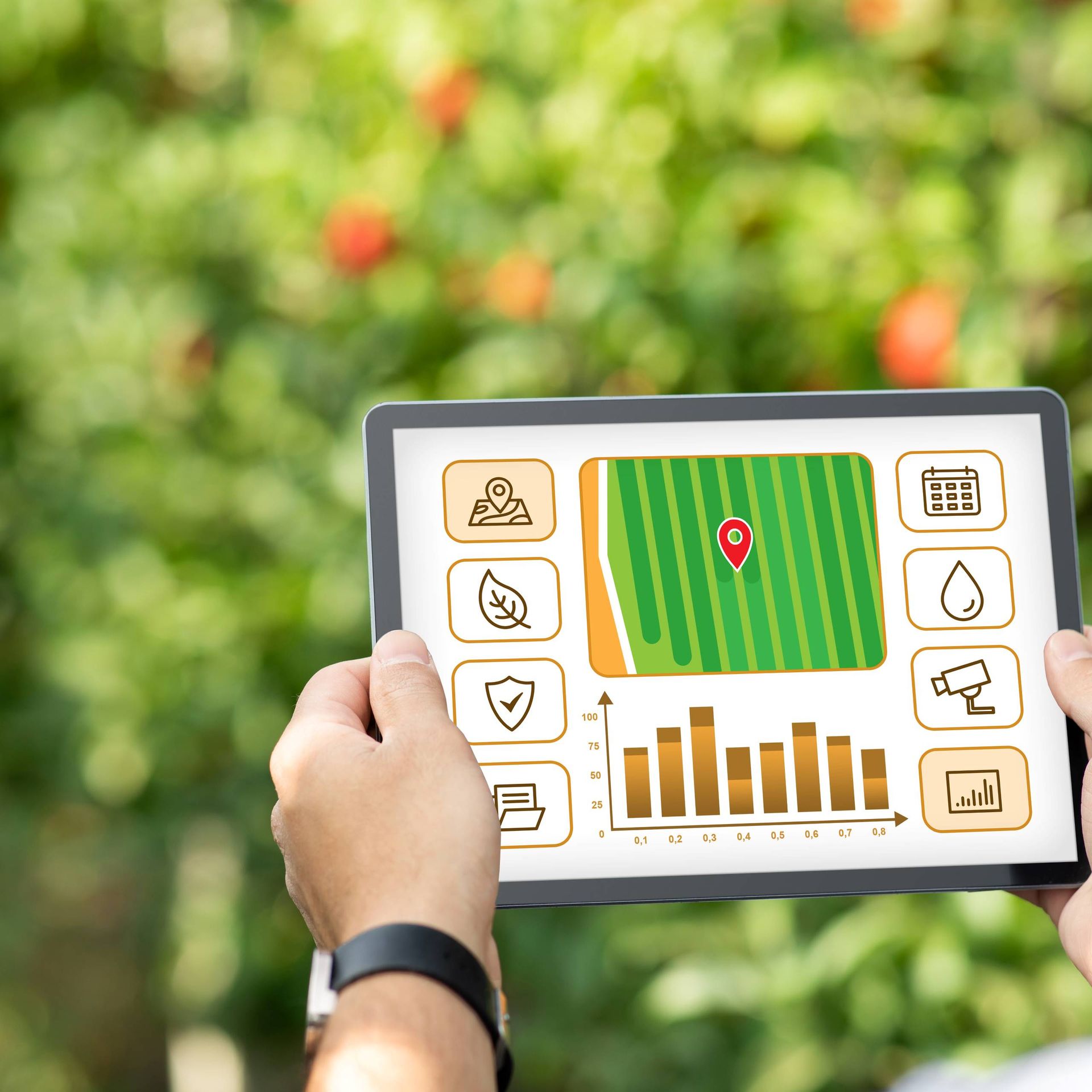 Image of a producer assessing environmental metrics in the field using a tablet