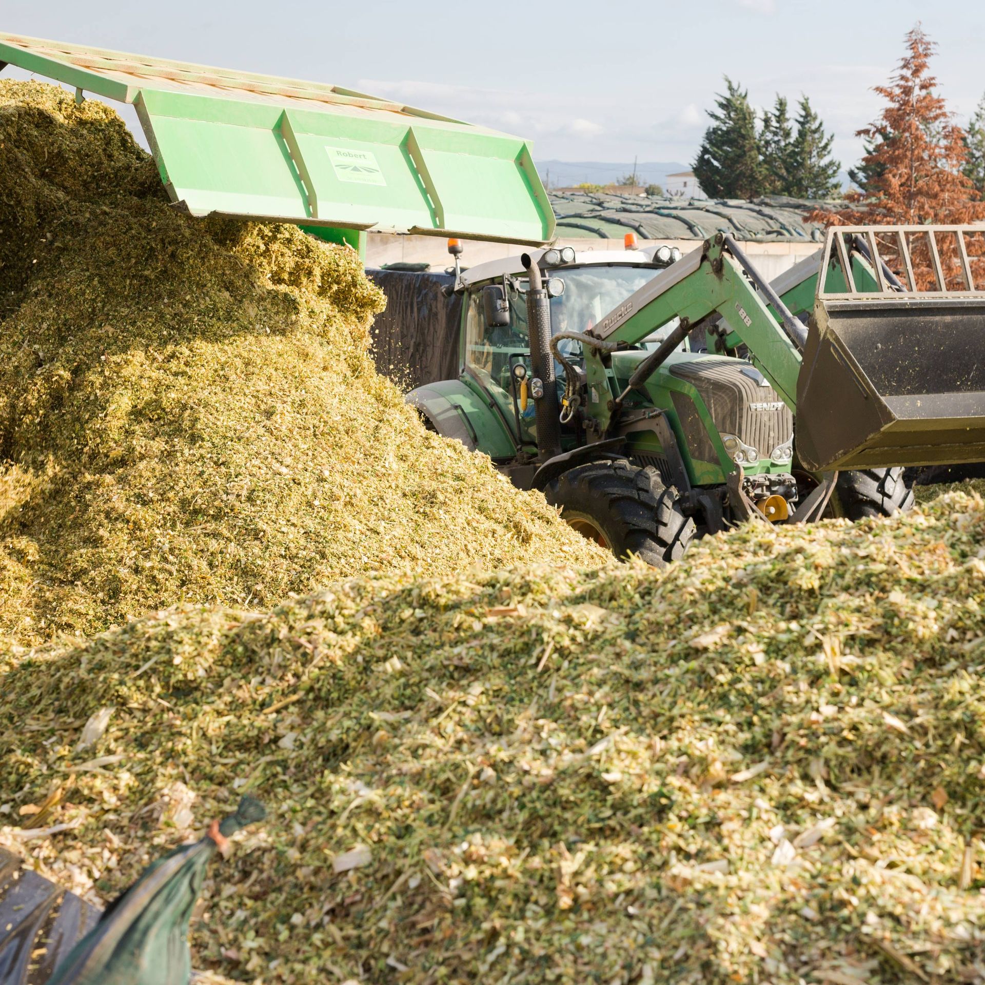 Image of a feed mill with a tractor unloading feed ingredients