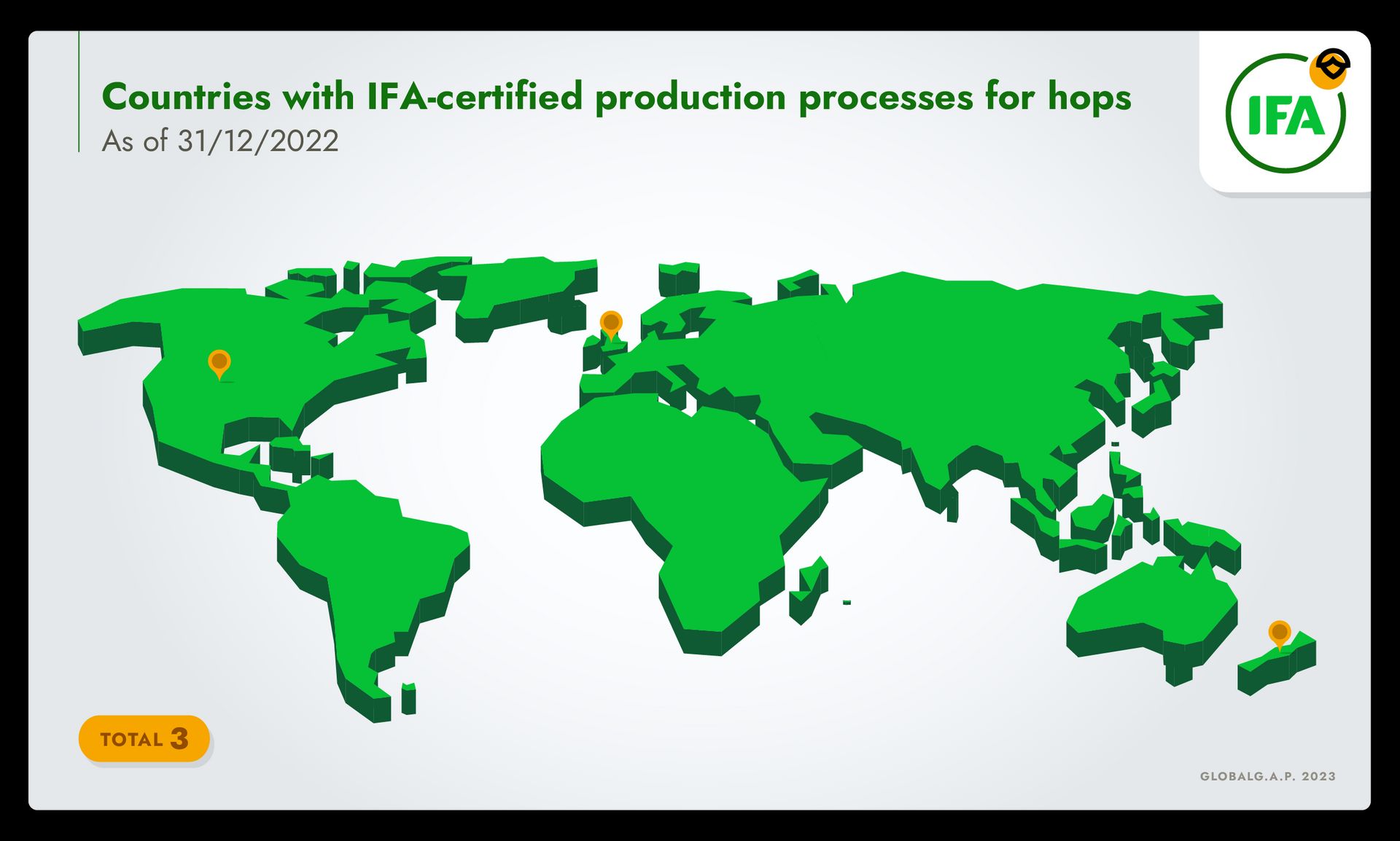 Infographic of a world map identifying countries with Integrated Farm Assurance certified production processes for hops 