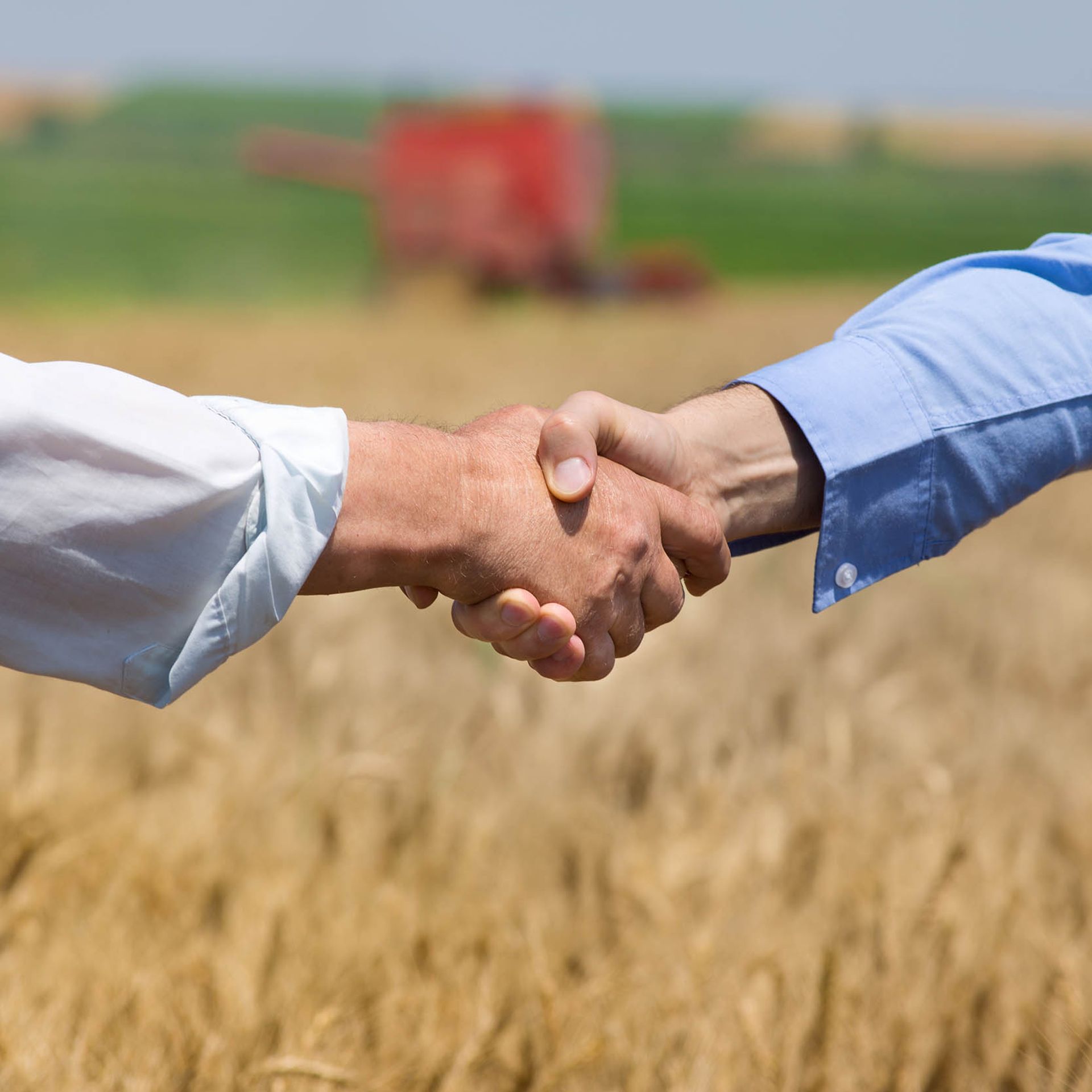 Image of two stakeholders shaking hands in a field of crops