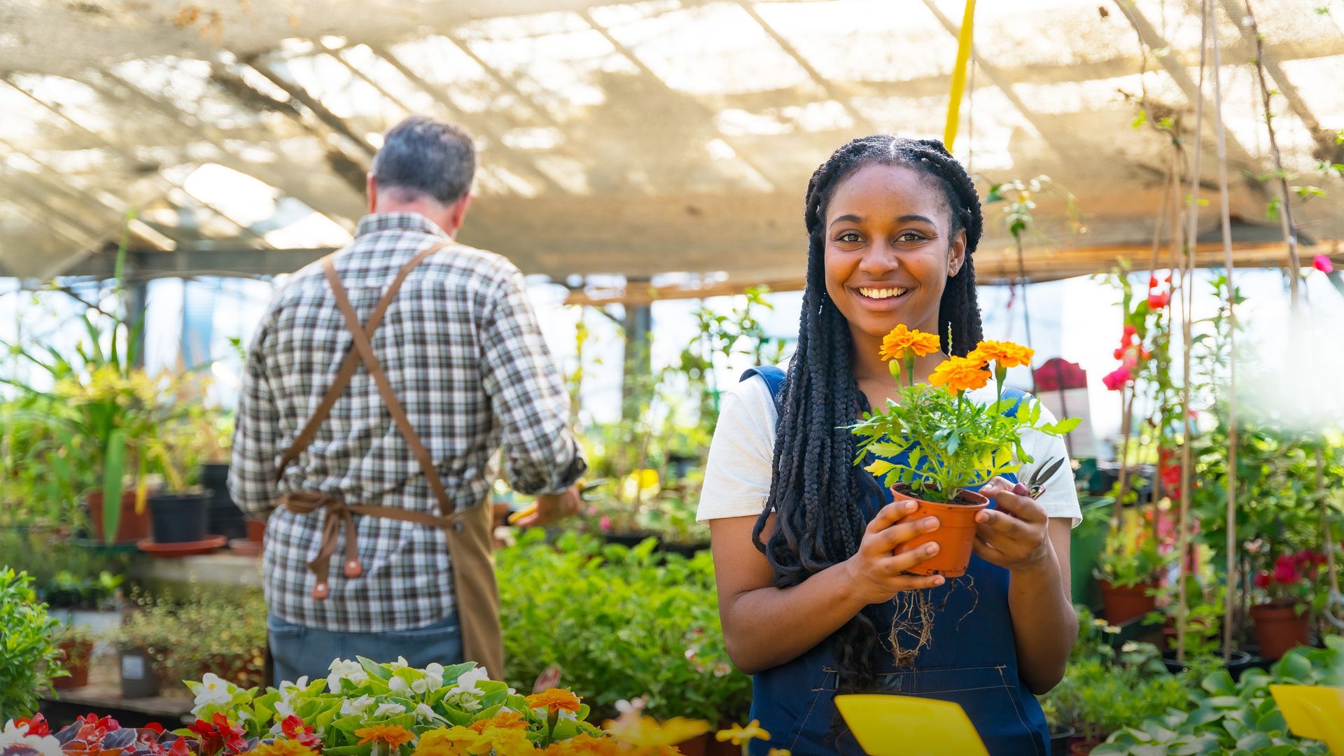Image of a floriculture producer displaying potted flowers in a garden center