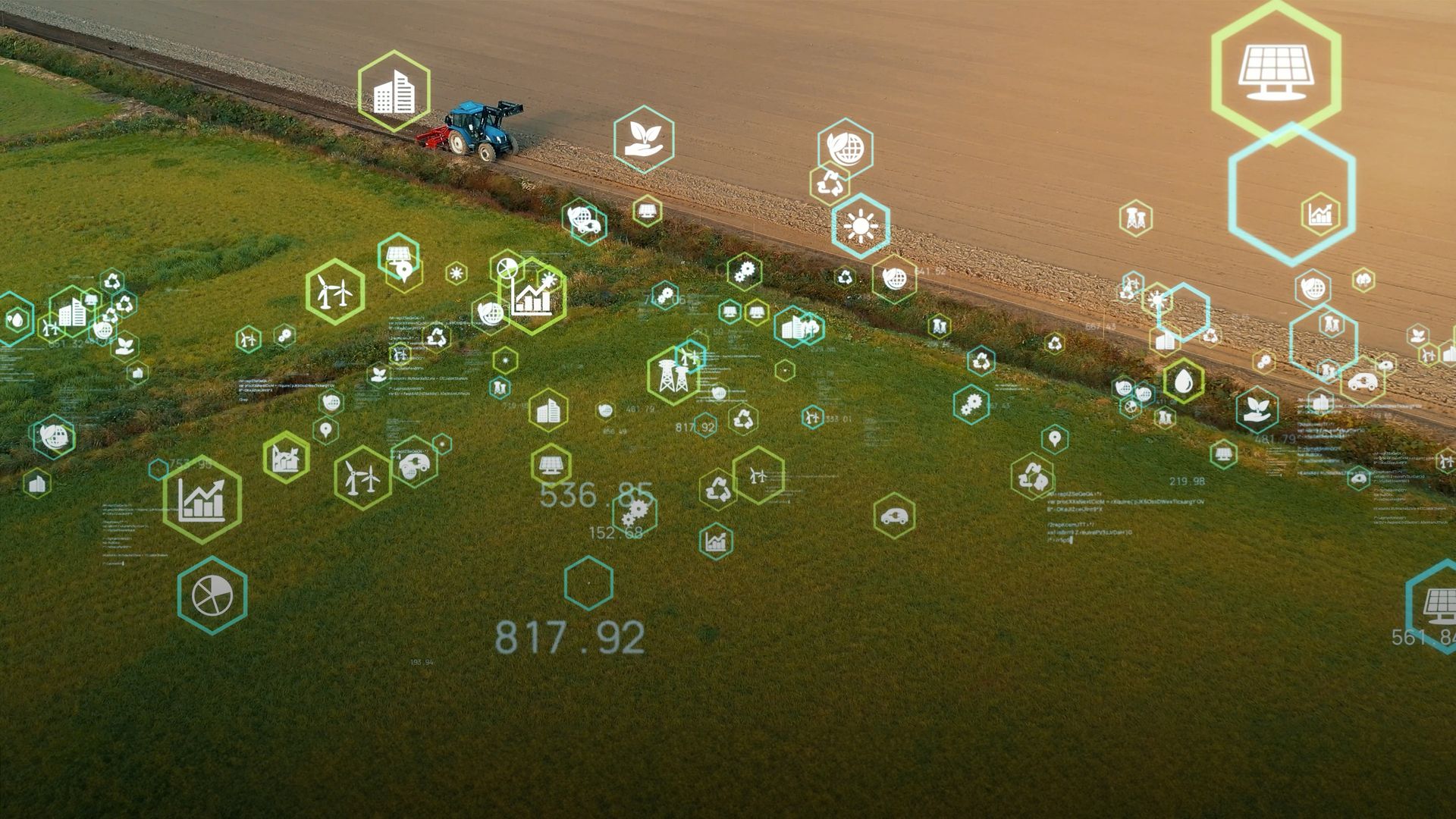 Image of a farm with a conceptual overlay of digital metrics