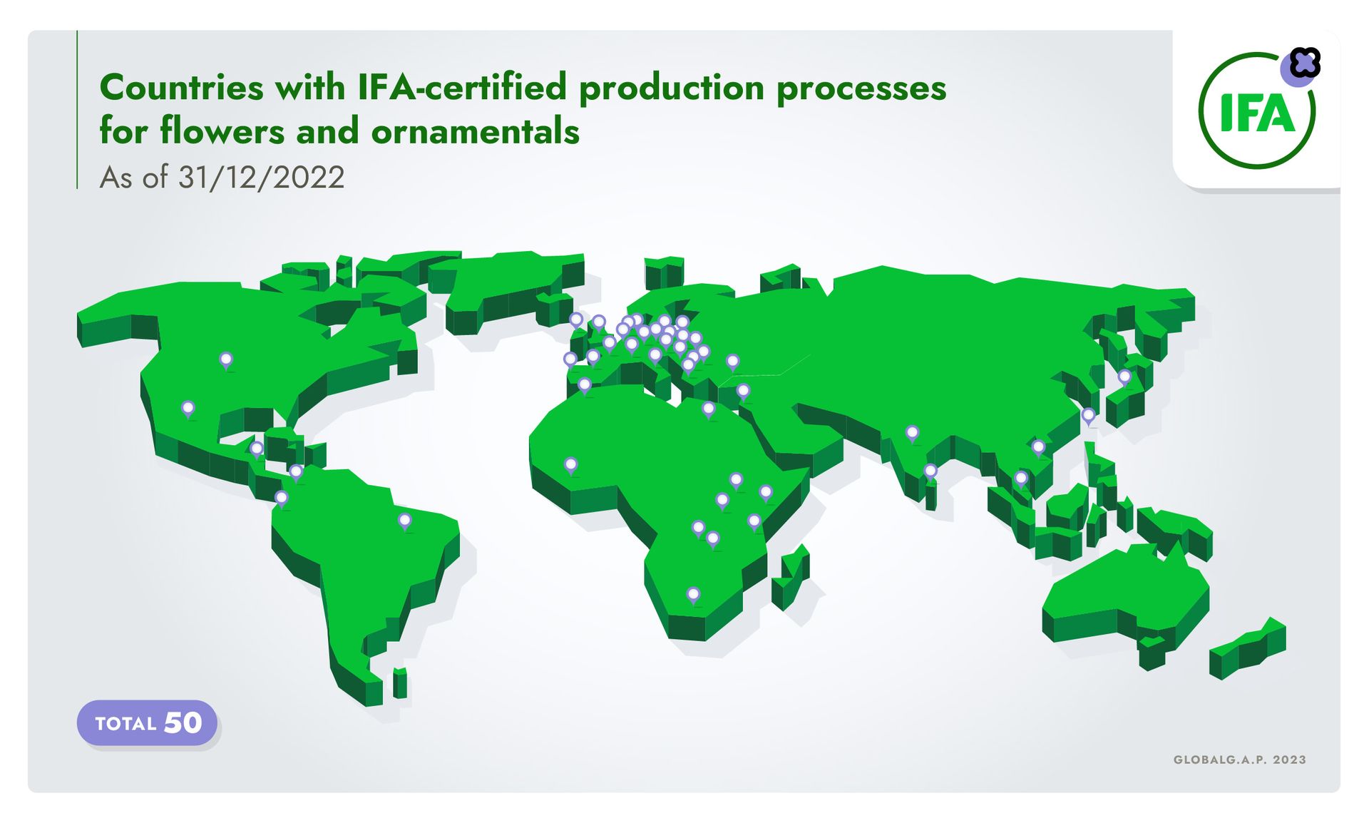 World map identifying countries with Integrated Farm Assurance certified production processes for flowers and ornamentals