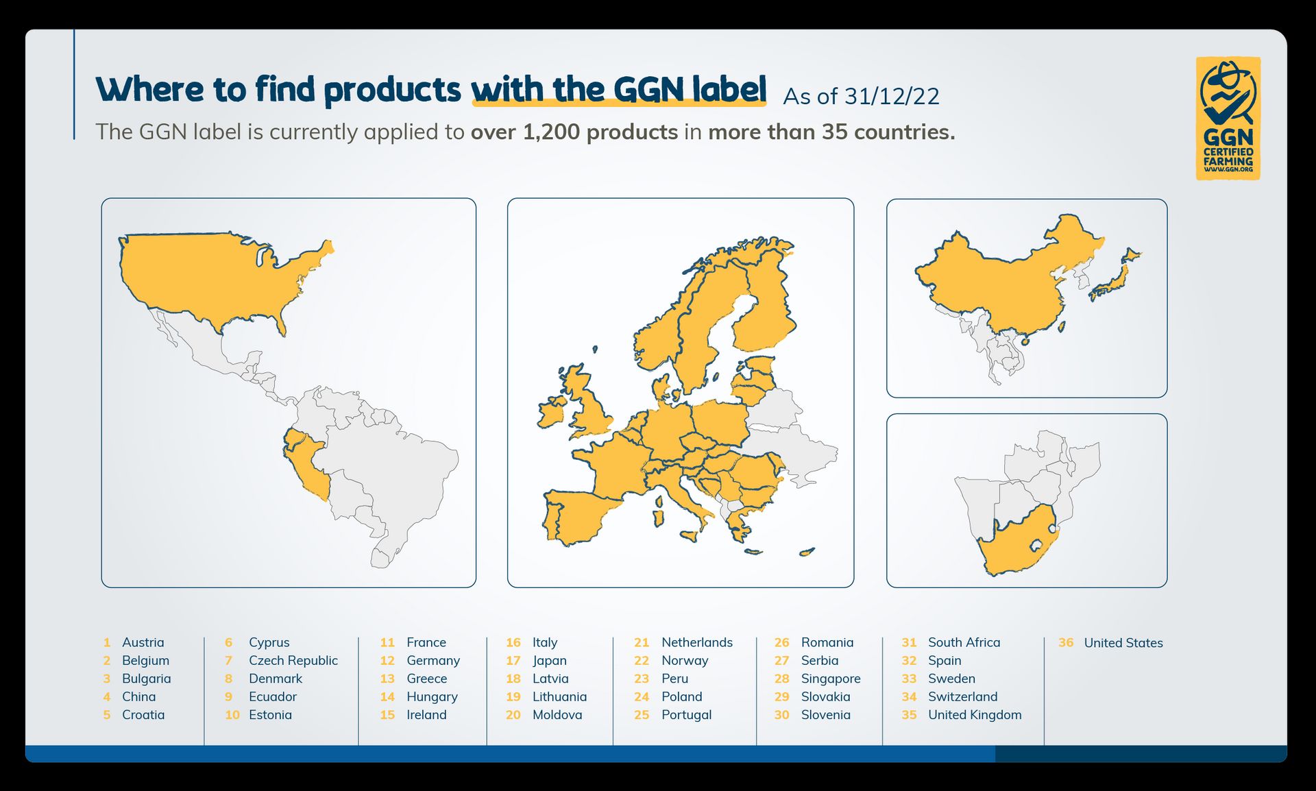 Map of countries where consumers can find products with the GGN label