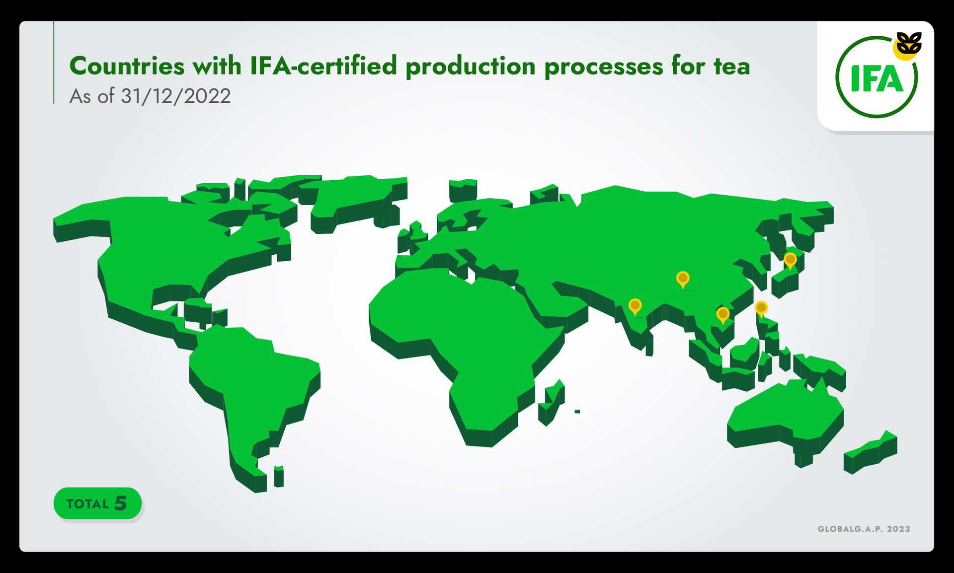 World map identifying countries with Integrated Farm Assurance certified production processes for tea.