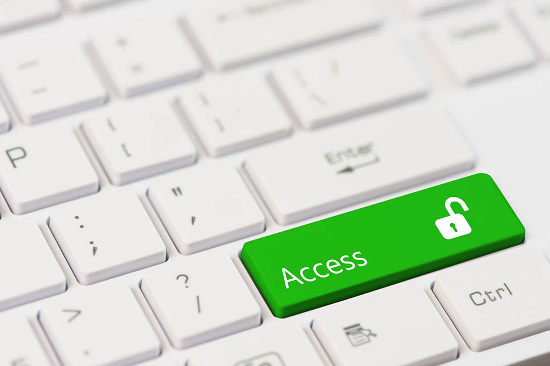 Image of keyboard with a green button stating “access” and an unlock symbol