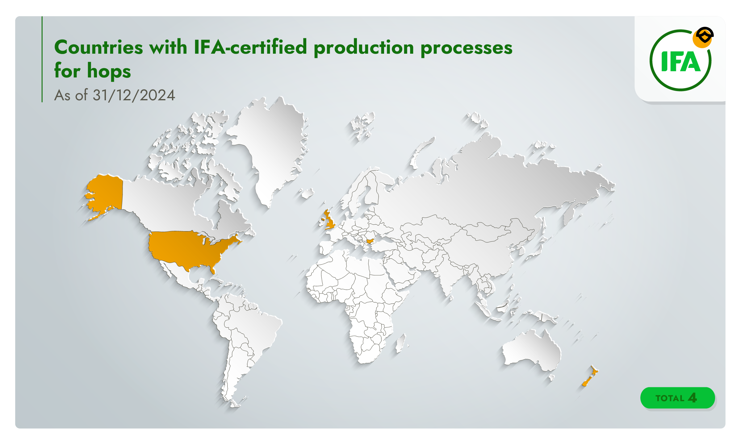 Infographic of a world map identifying countries with Integrated Farm Assurance certified production processes for hops