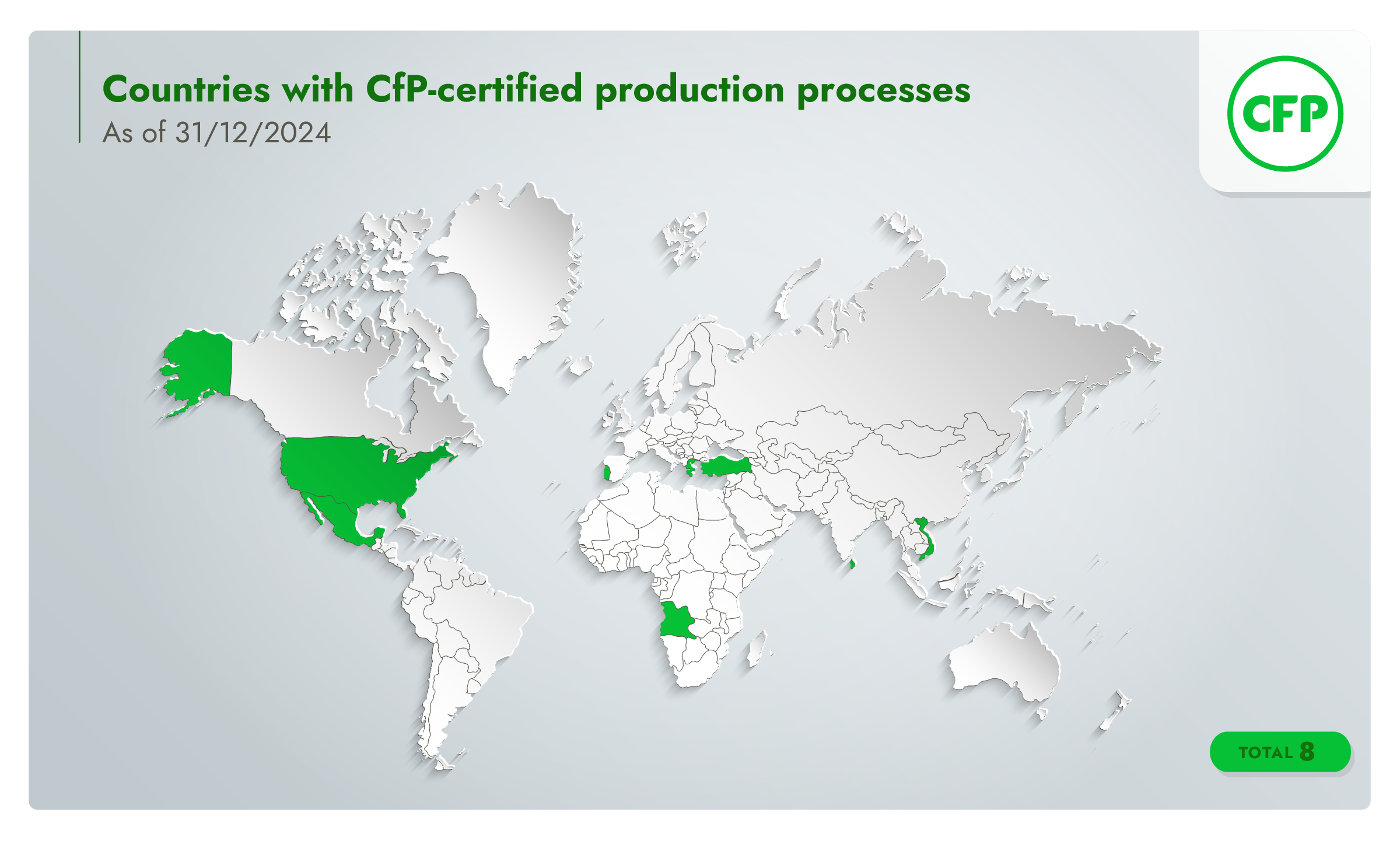 World map identifying countries with Crops for Processing certified production processes 