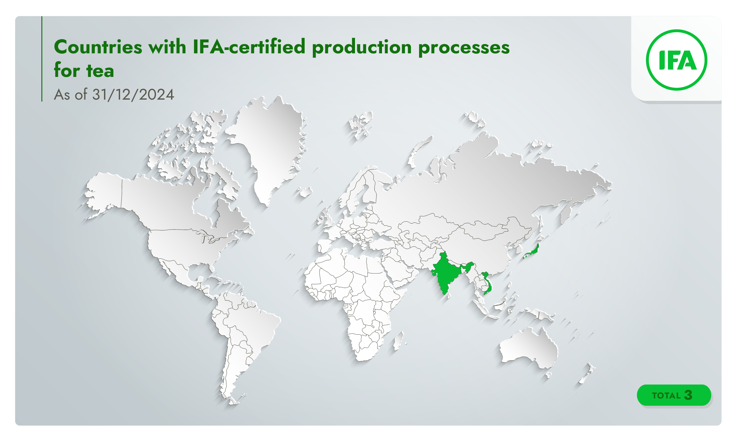 World map identifying countries with Integrated Farm Assurance certified production processes for tea.