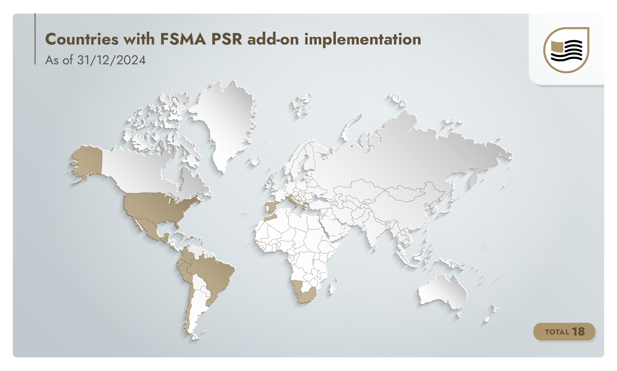 Infographic of a world map identifying countries with Food Safety Modernization Act Produce Safety Rule add-on implementation