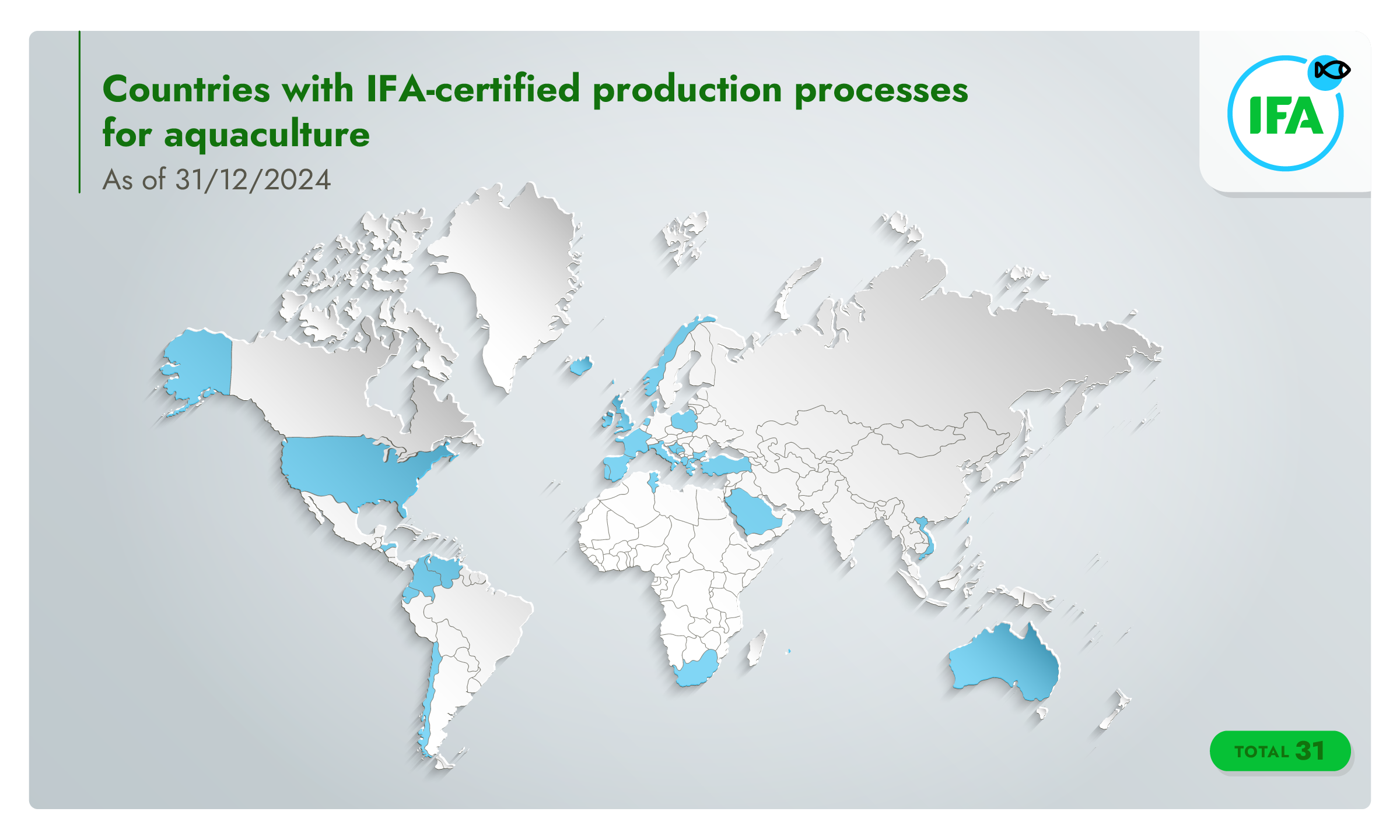Infographic of a world map identifying countries with Integrated Farm Assurance certified production processes for aquaculture