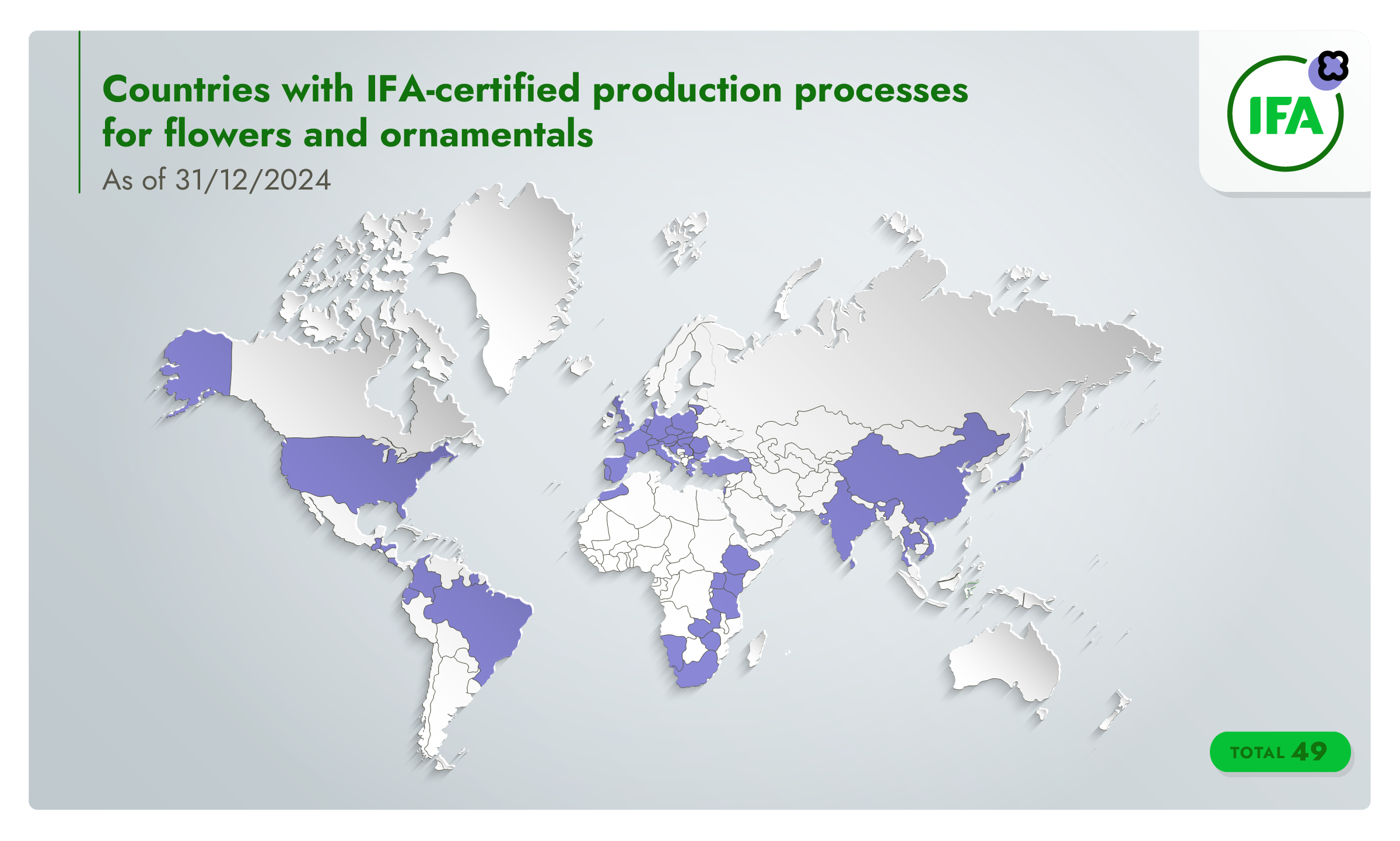 World map identifying countries with Integrated Farm Assurance certified production processes for flowers and ornamentals