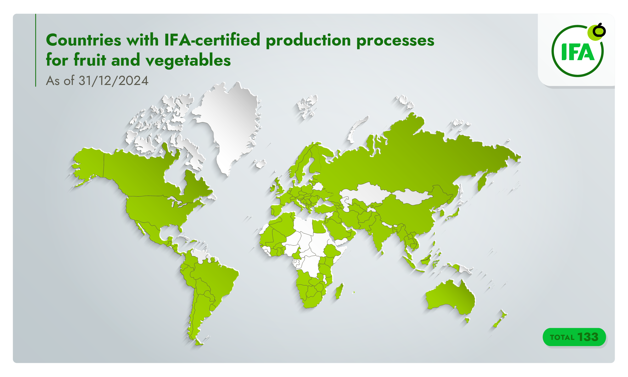Infographic of a world map identifying countries with Integrated Farm Assurance certified production processes for fruit and vegetables