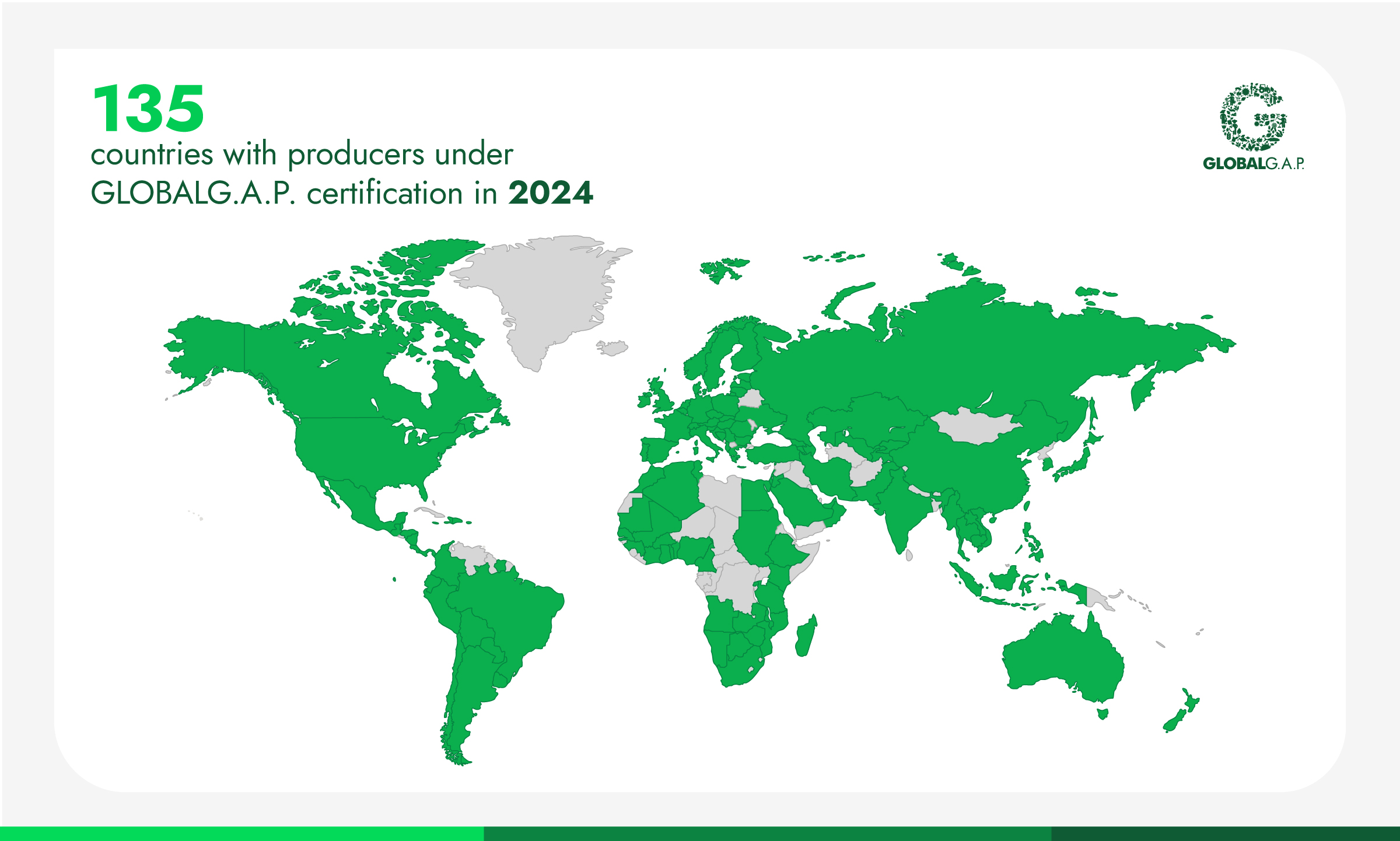 A graphic map showing 135 countries where there are producers under GLOBALG.A.P. certification in 2024.