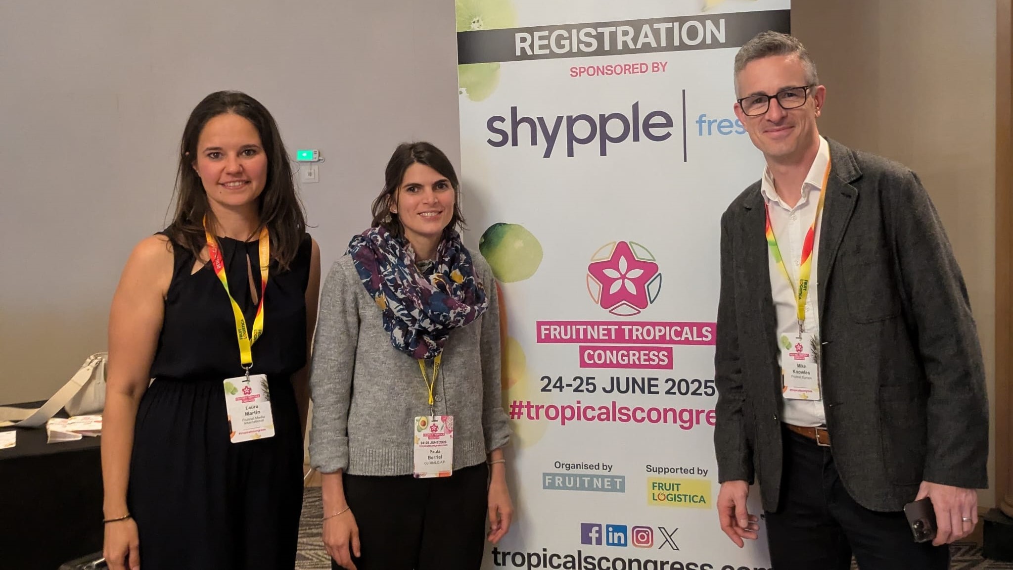 Left to right: Laura Martin, Paula Berriel, and Mike Knowles at Fruitnet Tropicals Congress 2025 in Antwerp, Belgium