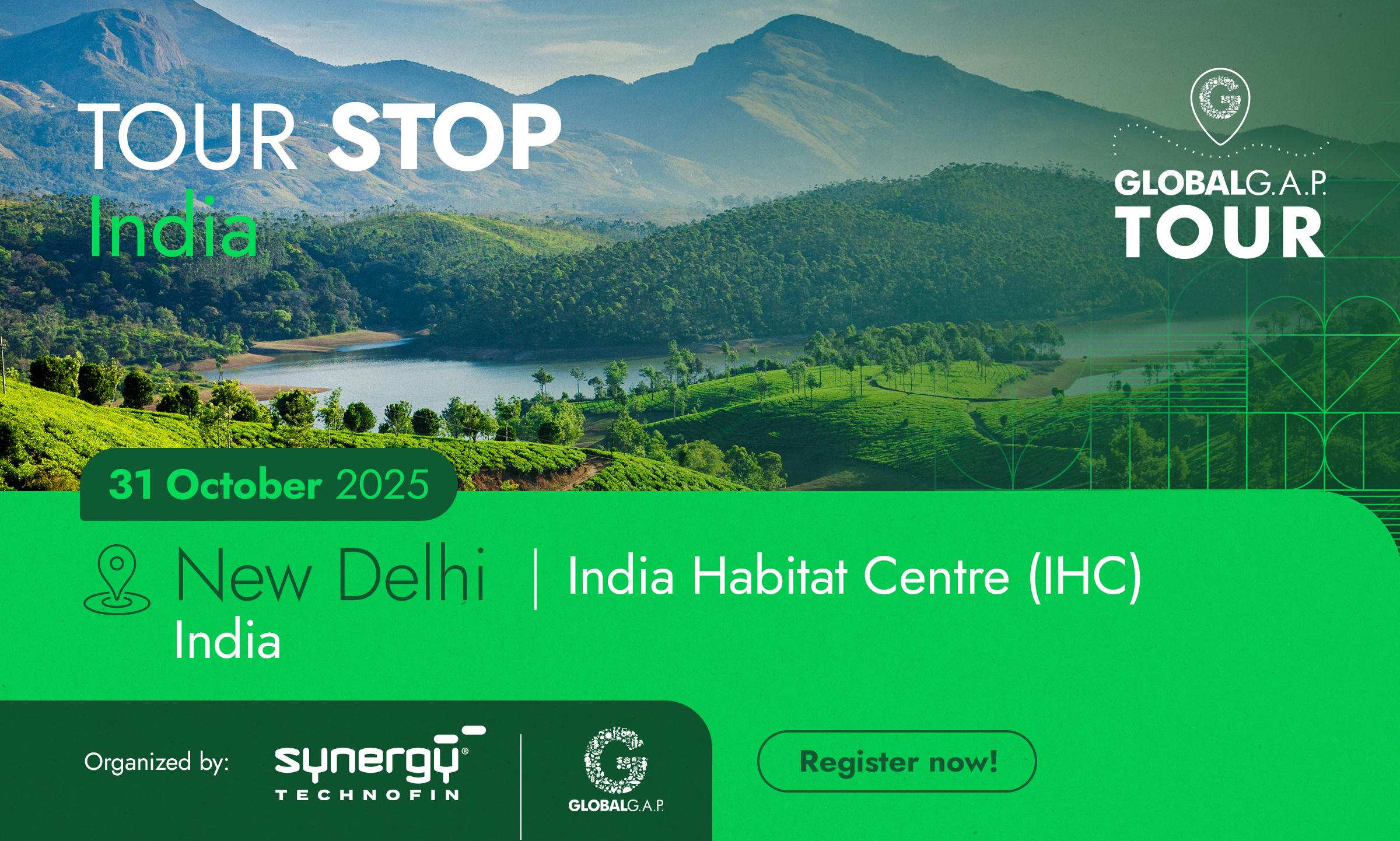 Banner advertising the GLOBALG.A.P. TOUR stop in India in October 2025